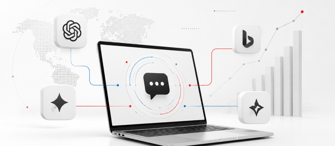 Ilustración de inteligencia artificial, motores generativos y estrategia GEO marketing para optimizar la visibilidad de marcas en ChatGPT, Gemini y Copilot.