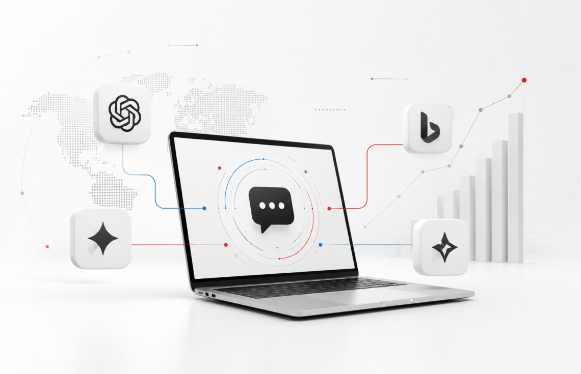 Ilustración de inteligencia artificial, motores generativos y estrategia GEO marketing para optimizar la visibilidad de marcas en ChatGPT, Gemini y Copilot.
