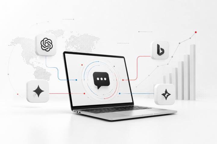 Ilustración de inteligencia artificial, motores generativos y estrategia GEO marketing para optimizar la visibilidad de marcas en ChatGPT, Gemini y Copilot.