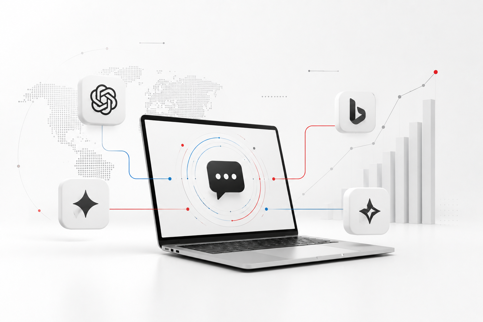 Ilustración de inteligencia artificial, motores generativos y estrategia GEO marketing para optimizar la visibilidad de marcas en ChatGPT, Gemini y Copilot.